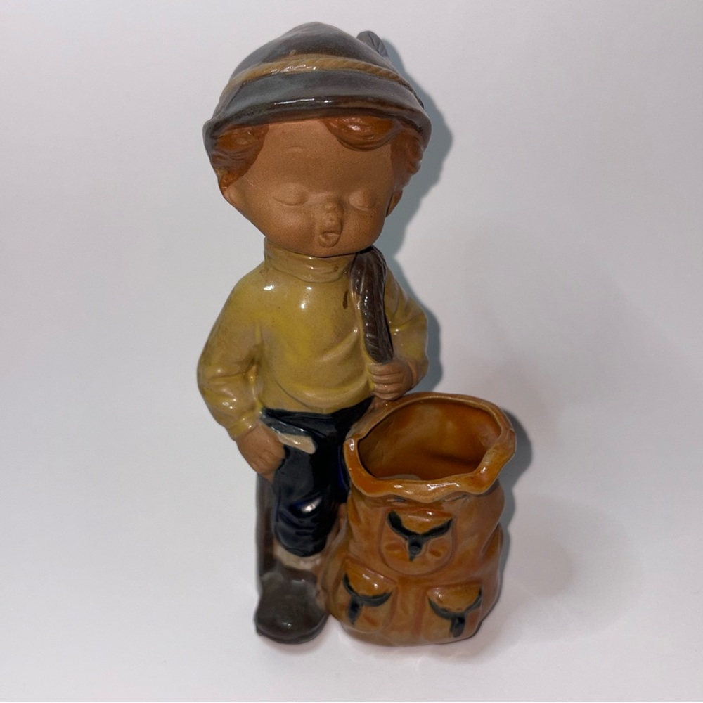 Vintage Stoneware Planter Boy Hat Cane Bag Made in Japan by Hankyu 3”x7”